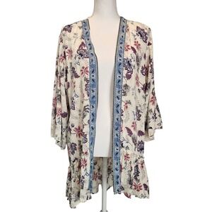 Maurices White Blue Floral Ruffle‎ Kimono Size XL 3/4 Sleeves Boho lightweight